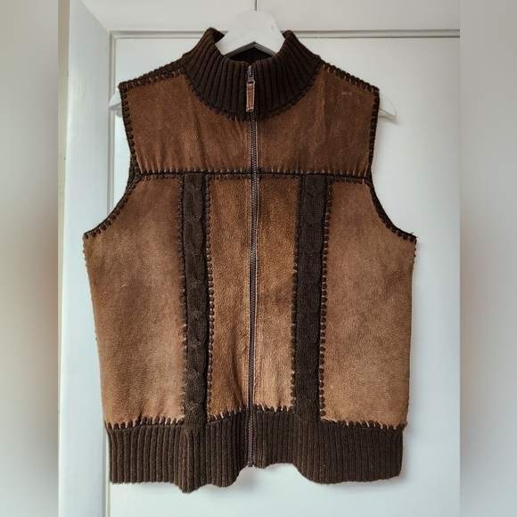 VINTAGE PLANET & COMPANY BROWN PATCH LEATHER CABLE KNIT ZIP SWEATER VEST SIZE M - Picture 4 of 10